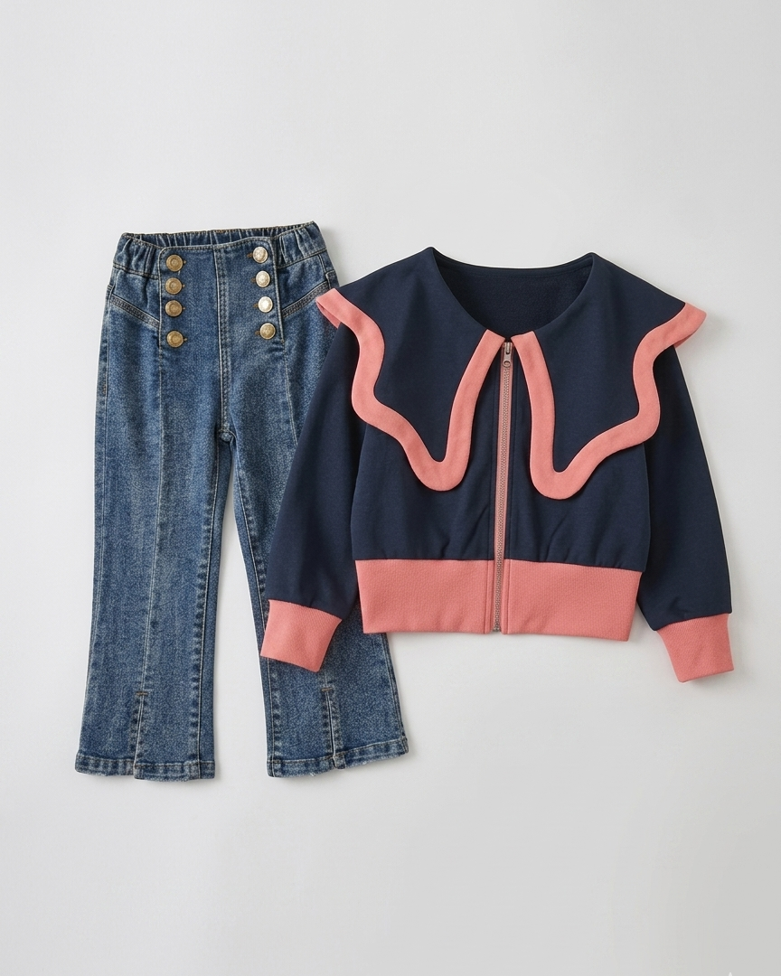Conjunto niña elegante 2 piezas blusa azul marino con detalles rosas y pantalón vaquero flare con botones dorados