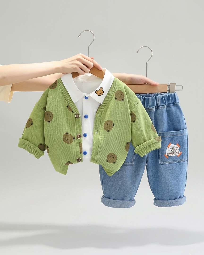Conjunto bebé 3 piezas ropa bebé con cárdigan de oso y pantalón vaquero , Ideal para primavera y para clima otoñal en España
