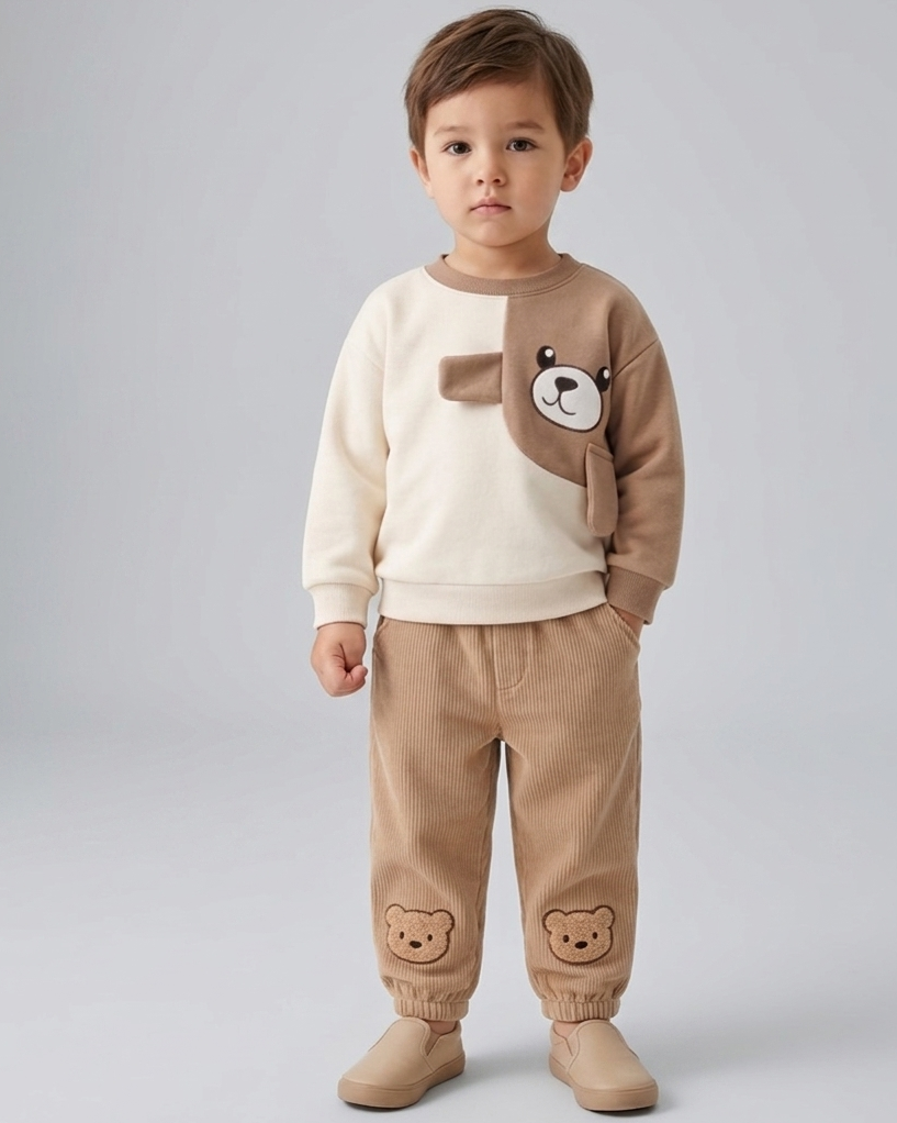 Conjunto de invierno cálido de dos piezas con estampado de oso para niños