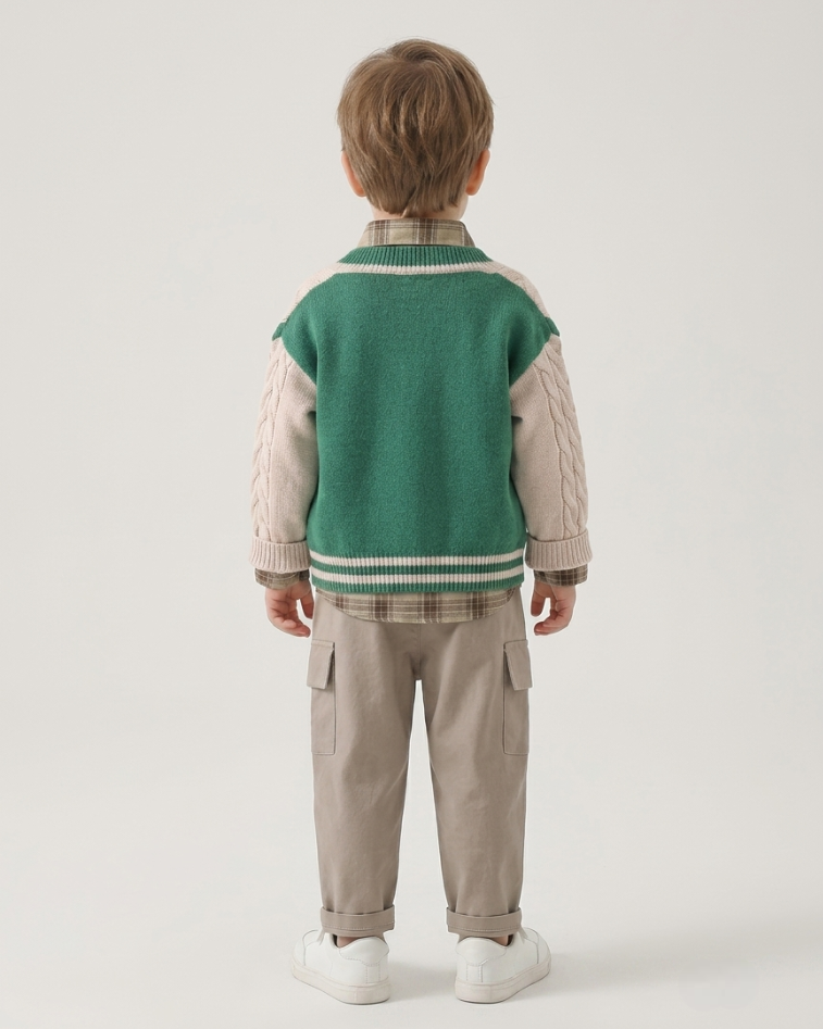Conjunto bebé niño 3 piezas otoño invierno: camisa cuadros, cárdigan tejido y pantalón ,Ideal para clima otoñal en España