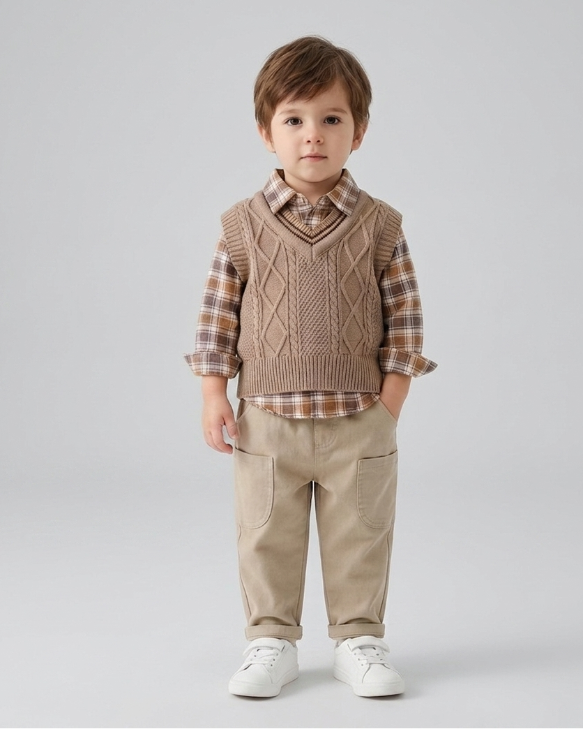 Conjunto bebé niño 3 piezas invierno: suéter lana, camisa cuadros y pantalón elástico en España