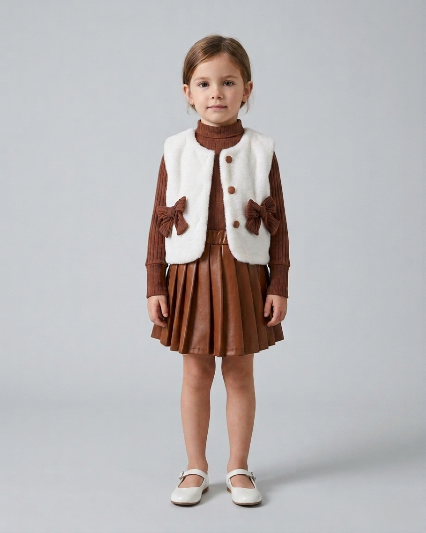 Conjunto niña invierno 3 piezas: suéter de punto, chaleco de peluche y falda de cuero sintético  en España
