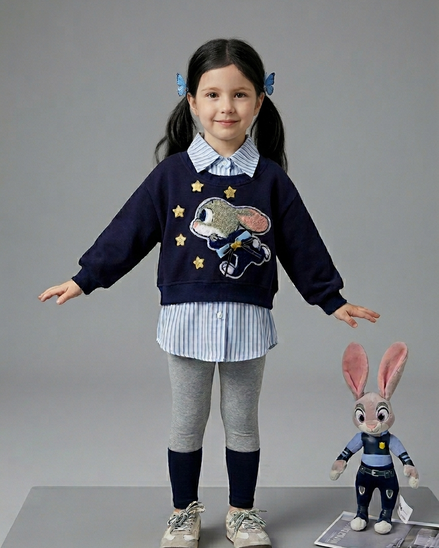 Conjunto niña 3 piezas ropa infantil - suéter bordado camiseta a rayas, niña con suéter oscuro y pantalones grises.