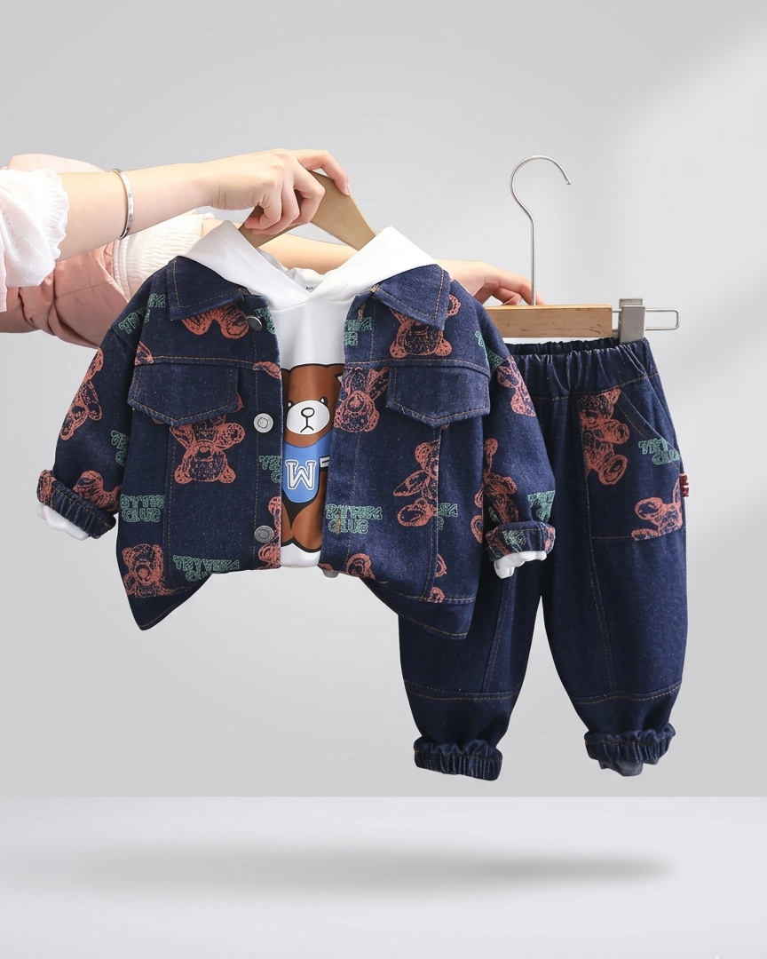 Conjunto niño 3 piezas sudadera y pantalón vaquero con estampado de oso estilo casual otoño, ropa infantil en España