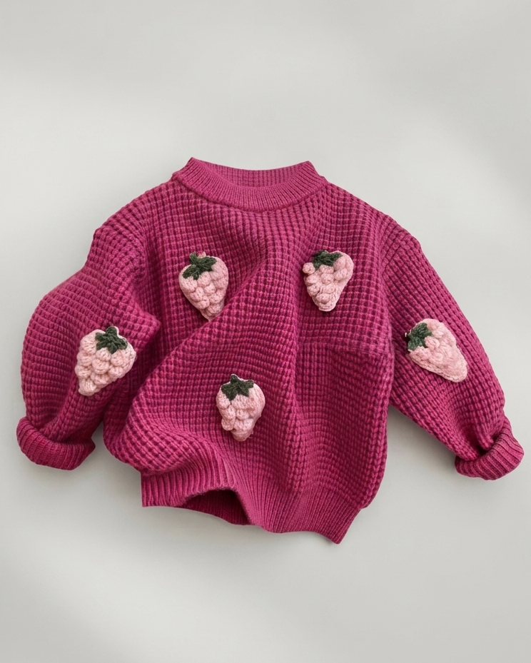 Suéter Infantil de Punto con Fresas 3D Suave, Cálido y Encantador