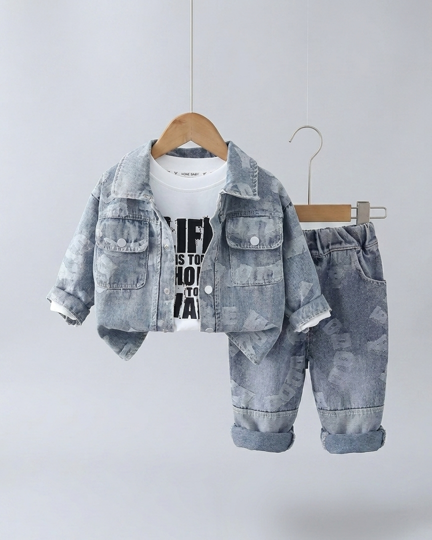 conjunto vaquero 3 piezas con chaqueta denim, camiseta de algodón y pantalón vaquero,Ideal para clima otoñal  en España