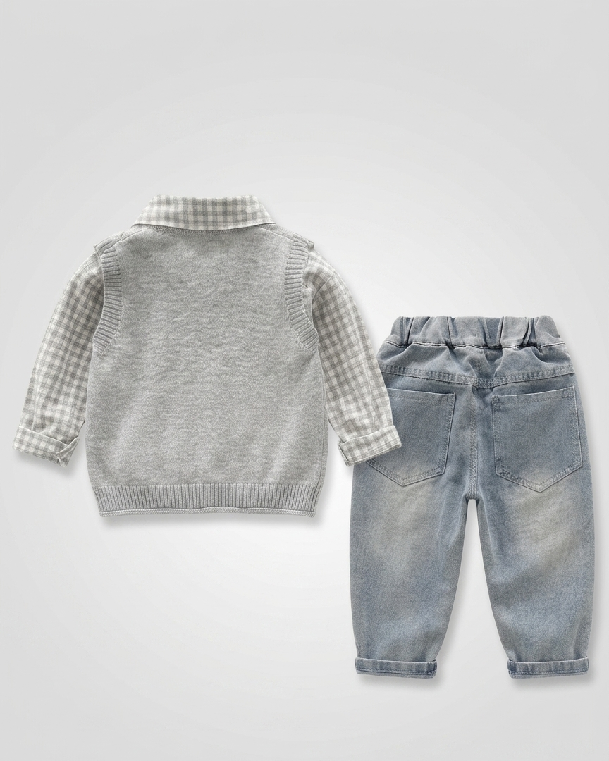 Conjunto niño invierno 3 piezas suéter con camisa integrada y pantalón vaquero estampado  en España