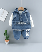 Conjunto niño 3 piezas ropa infantil vaquera con chaleco con capucha, camiseta blanca y pantalón vaquero en España