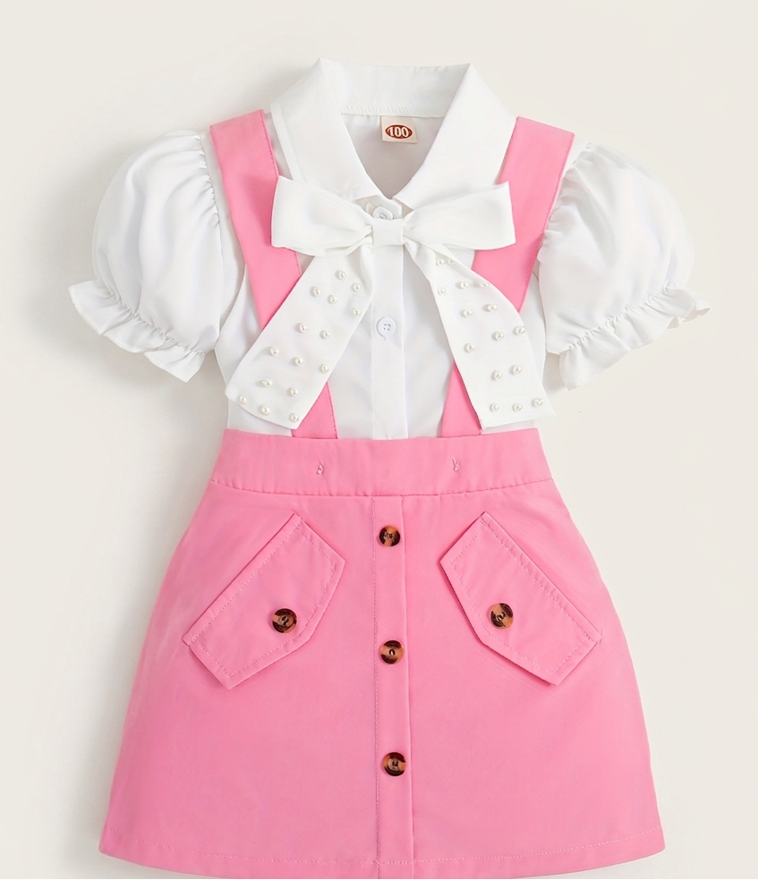 Conjunto de Falda con Tirantes y Blusa con Lazo para Niñas