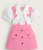 Conjunto de Falda con Tirantes y Blusa con Lazo para Niñas