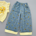conjunto niña elegante 3 piezas con suéter amarillo de flores tridimensionales y detalles frescos