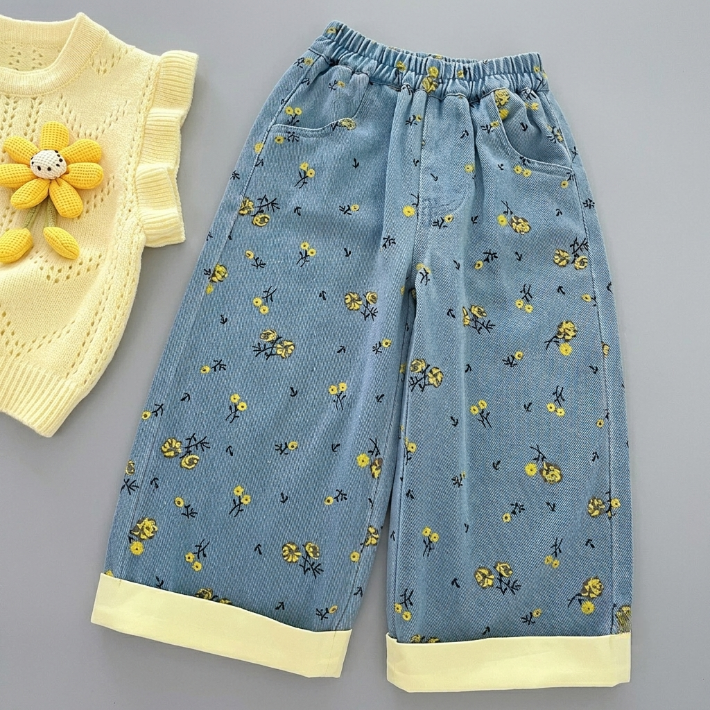 conjunto niña elegante 3 piezas con suéter amarillo de flores tridimensionales y detalles frescos