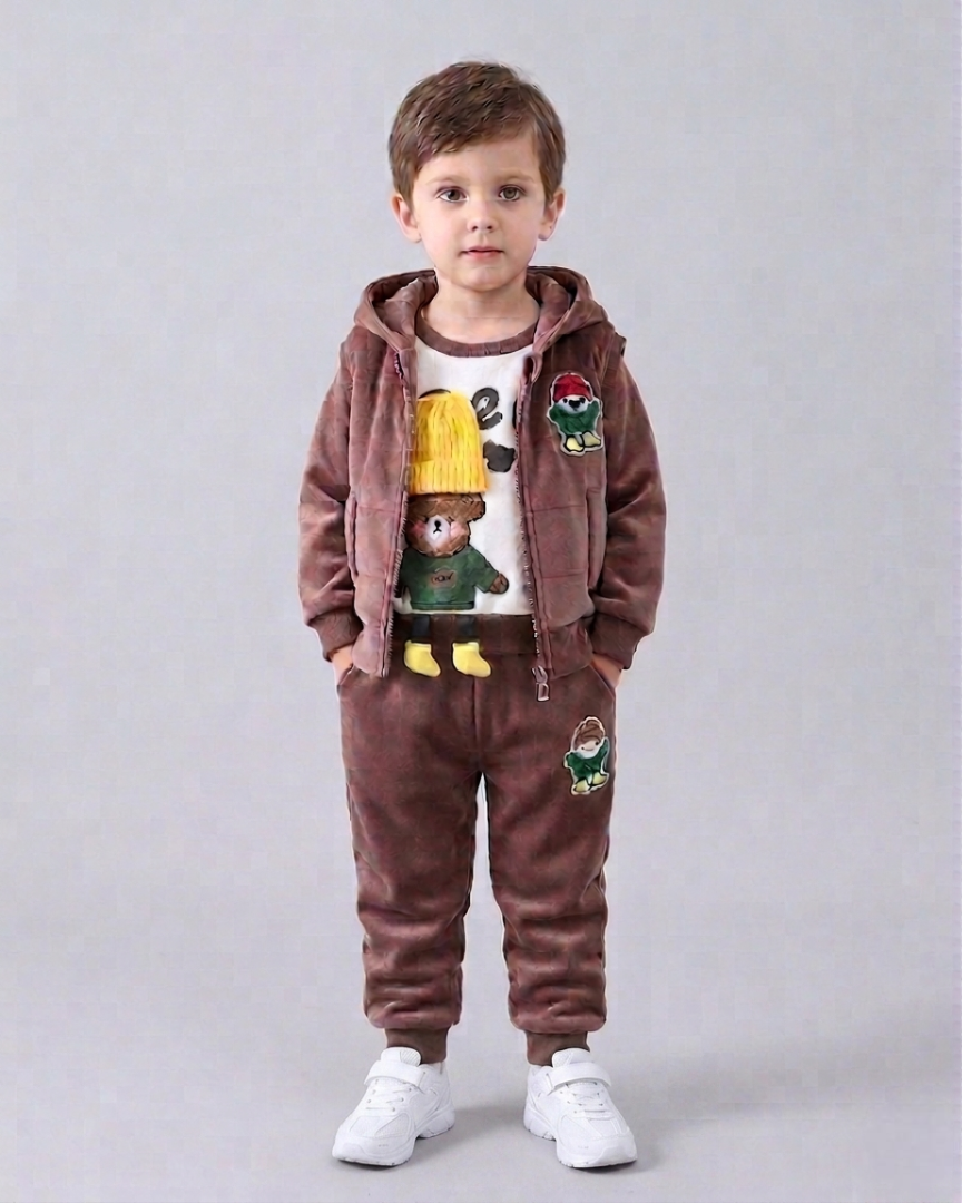 Conjunto niño invierno 3 piezas ropa infantil con osito bordado y chaleco con capucha , Ideal para clima otoñal en España
