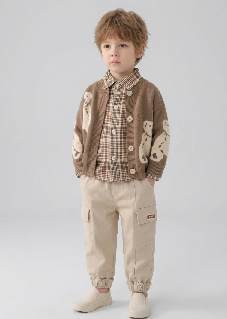 Conjunto bebé 3 piezas ropa bebé niño con cárdigan de oso camisa de cuadros y pantalón beige en España