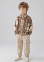 Conjunto bebé 3 piezas ropa bebé niño con cárdigan de oso camisa de cuadros y pantalón beige en España