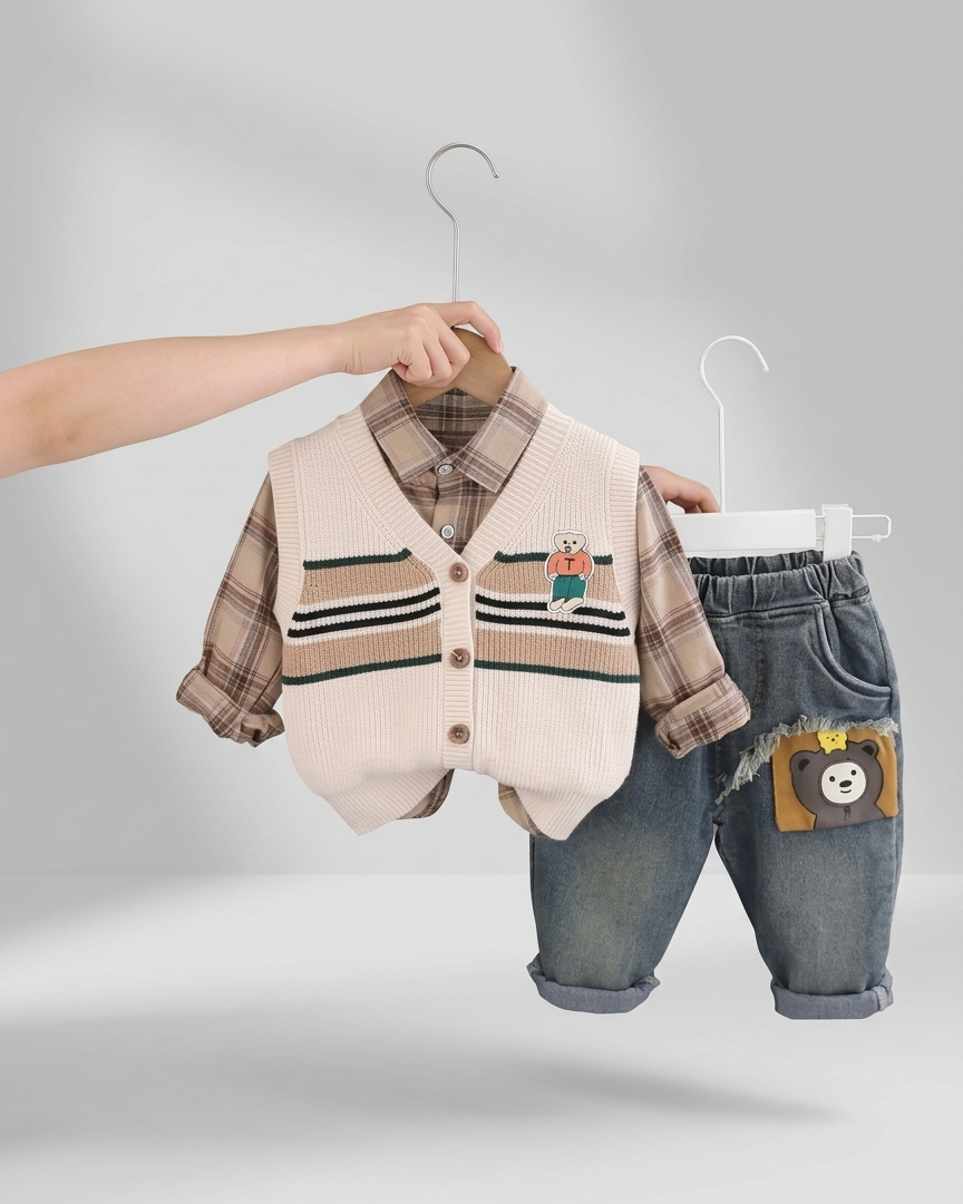 Conjunto bebé niño 3 piezas ropa infantil: camisa cuadros, chaleco lana y pantalón vaquero en España