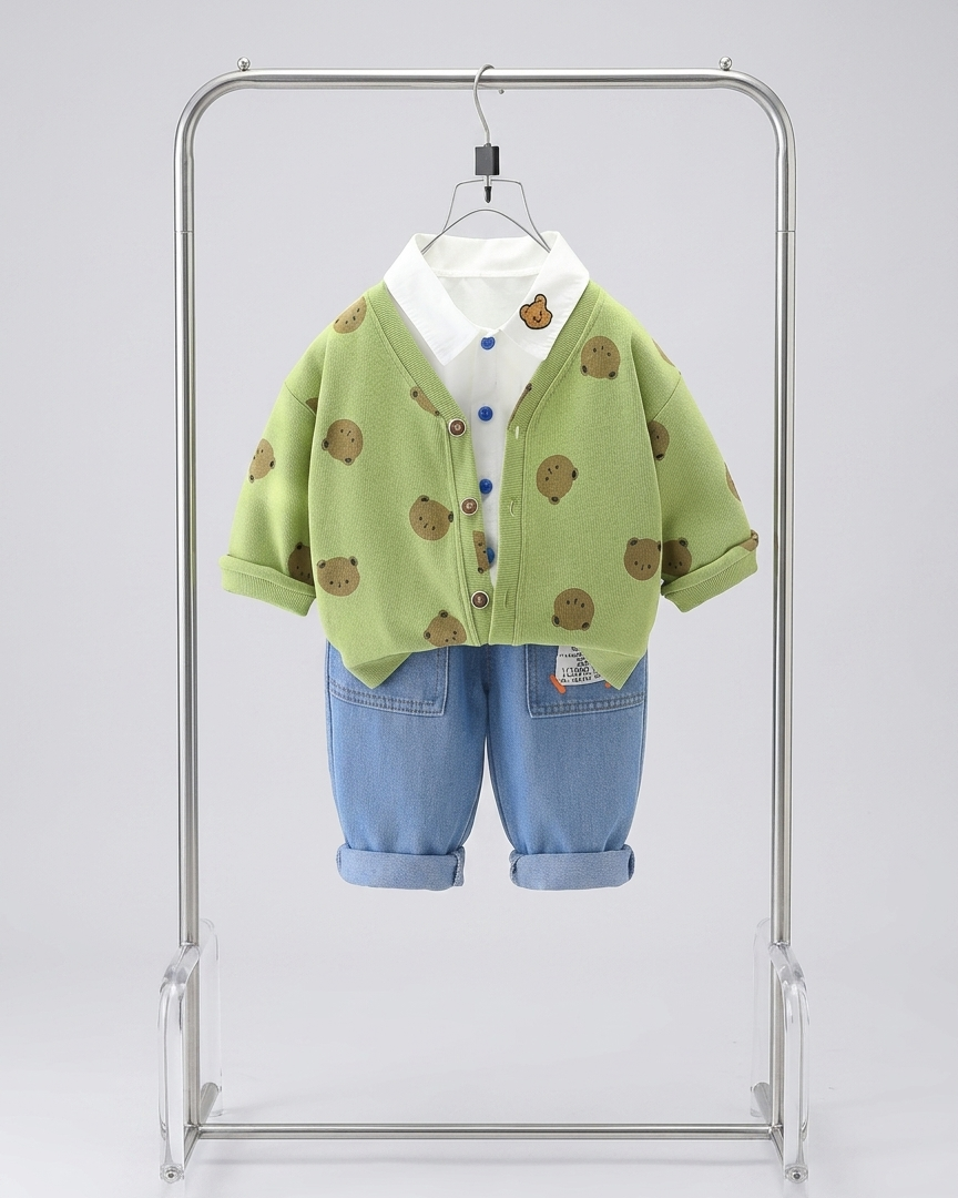 Conjunto bebé 3 piezas ropa bebé con cárdigan de oso y pantalón vaquero , Ideal para primavera y para clima otoñal en España