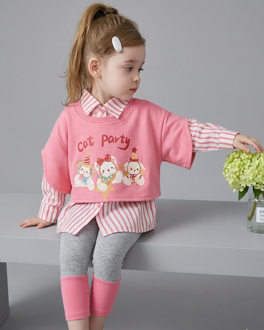 Conjunto niña 3 piezas ropa niña suéter corto, camisa a rayas y chaleco multicolor Ideal para primavera en España