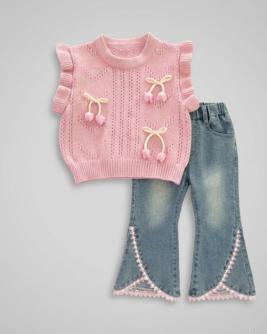 Conjunto niña 3 piezas elegante con blusa, suéter de punto y pantalón vaquero acampanado con encaje,en España