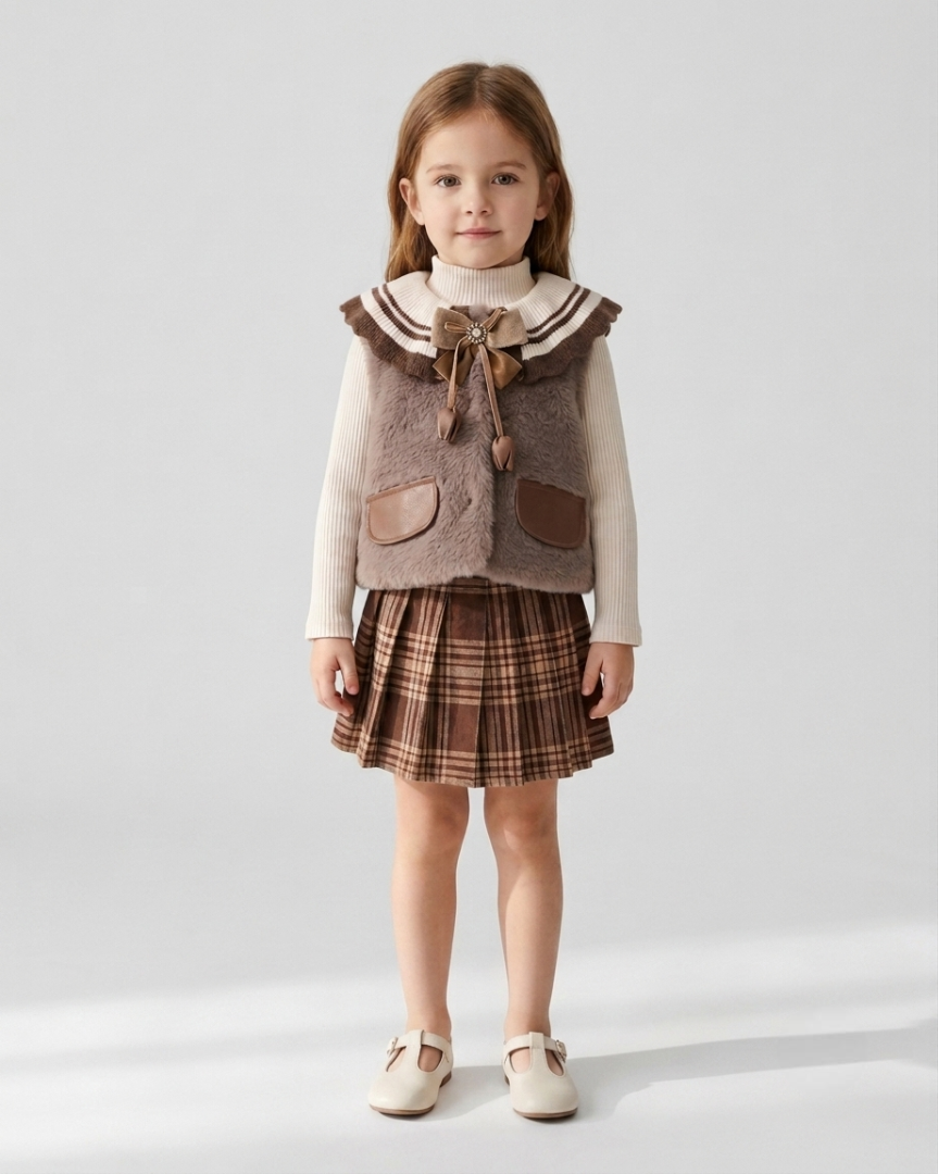 Conjunto niña 3 piezas elegante ropa bebé niña con chaleco de lana y falda de cuadros,Ideal para clima otoñal  en España