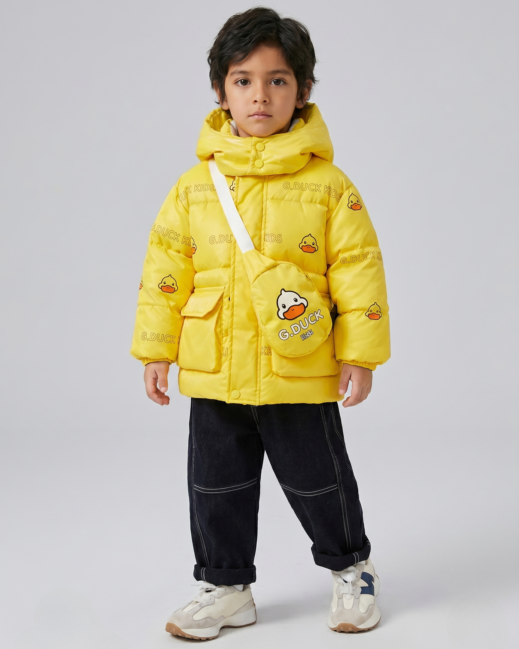 Chaqueta infantil de invierno con capucha y estampado de patitos acolchada con bolsita a juego en España