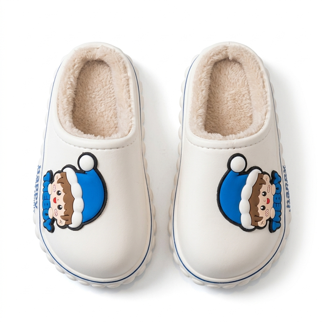 detalle zapatillas infantiles con forro cálido y diseño de dibujos animados