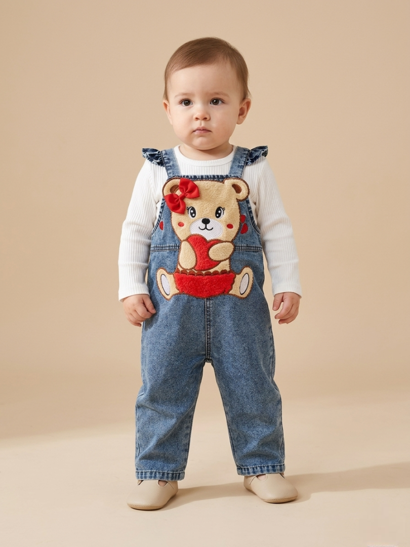 Peto vaquero con blusa blanca y un bordado de oso adorable