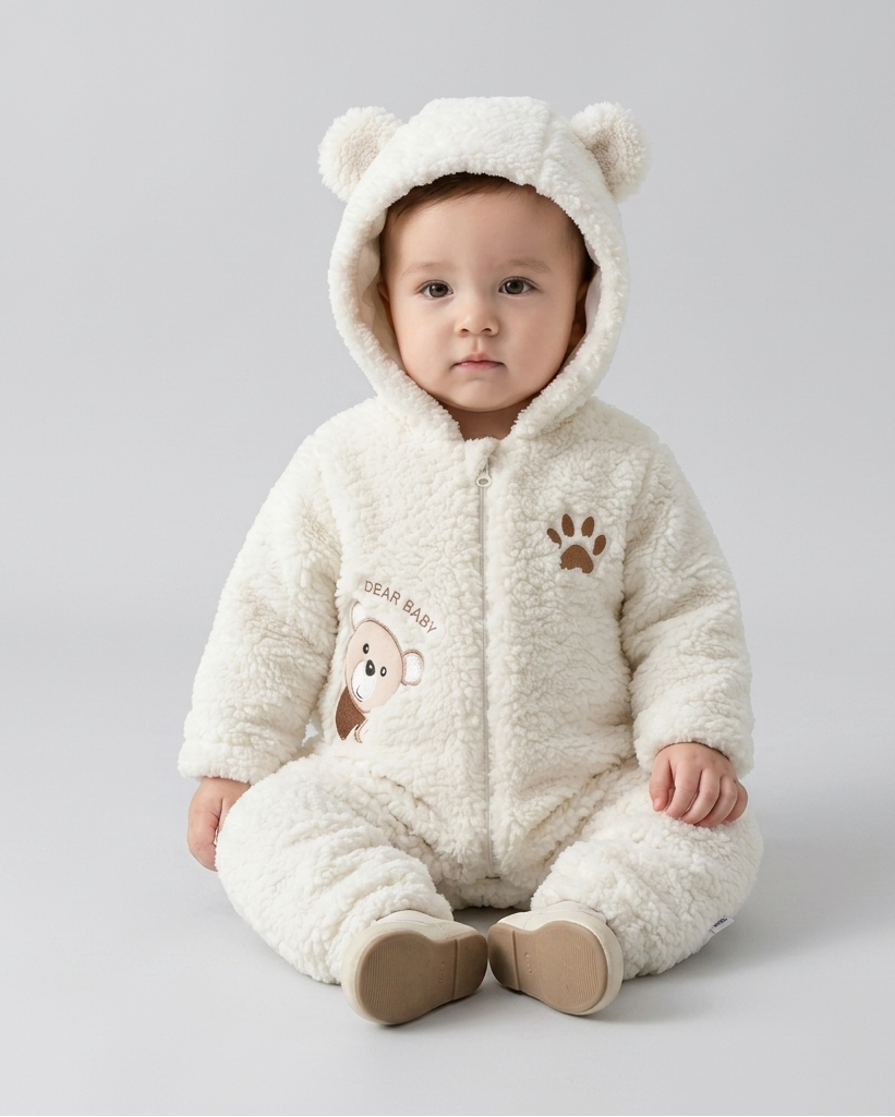 Conjunto de invierno niño sherpa Teddy Bear con capucha de orejitas y forro cálido vista completa
