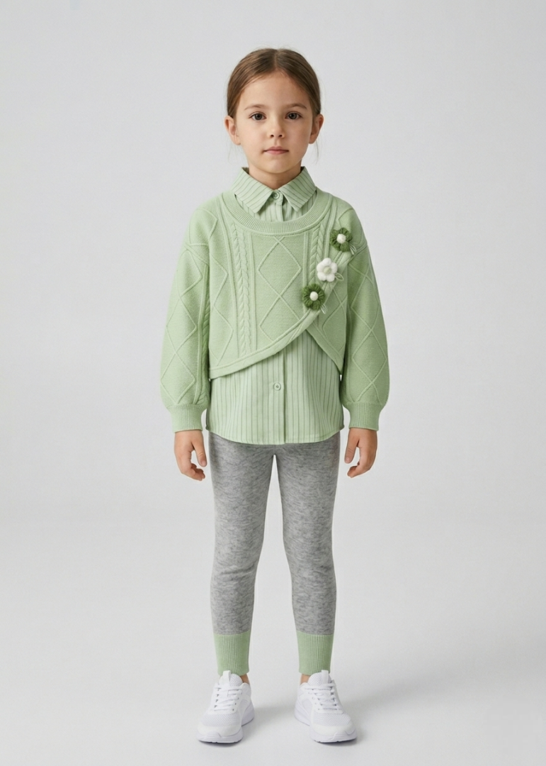 Conjunto niña 3 piezas otoño invierno con bordado de flores Ideal para clima otoñal y principios en España