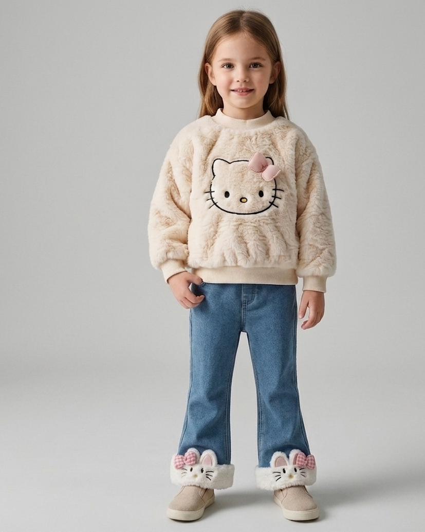 Conjunto niña invierno 2 piezas ropa niña felpa y vaquero con diseño de gatito,looks diarios adorables. o Ideal para primavera y para clima otoñal en España