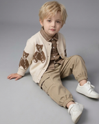 Conjunto Bebé Niño 3 Piezas, Cárdigan Oso, Camisa de Cuadros y Pantalón Beige