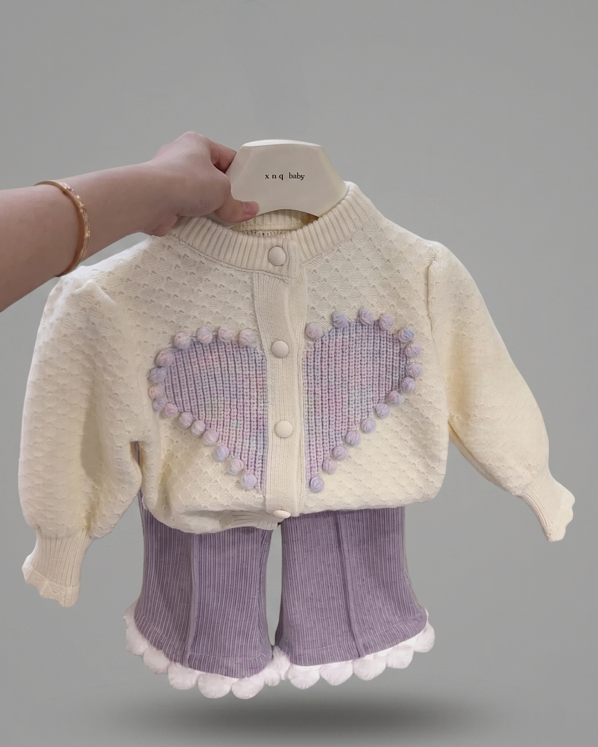 Conjunto niña invierno 2 piezas con bordado de corazón y tejido cálido,Ideal para clima otoñal en España
