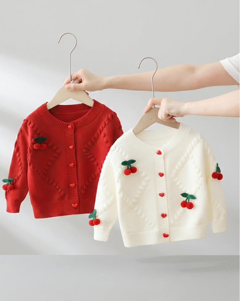 Cárdigan Infantil de Punto con Bordados de Cerezas y Botones de Corazón