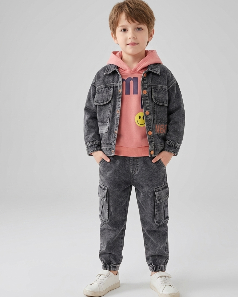 Conjunto infantil 3 piezas con sudadera con capucha, chaqueta vaquera y pantalón vaquero casual en España