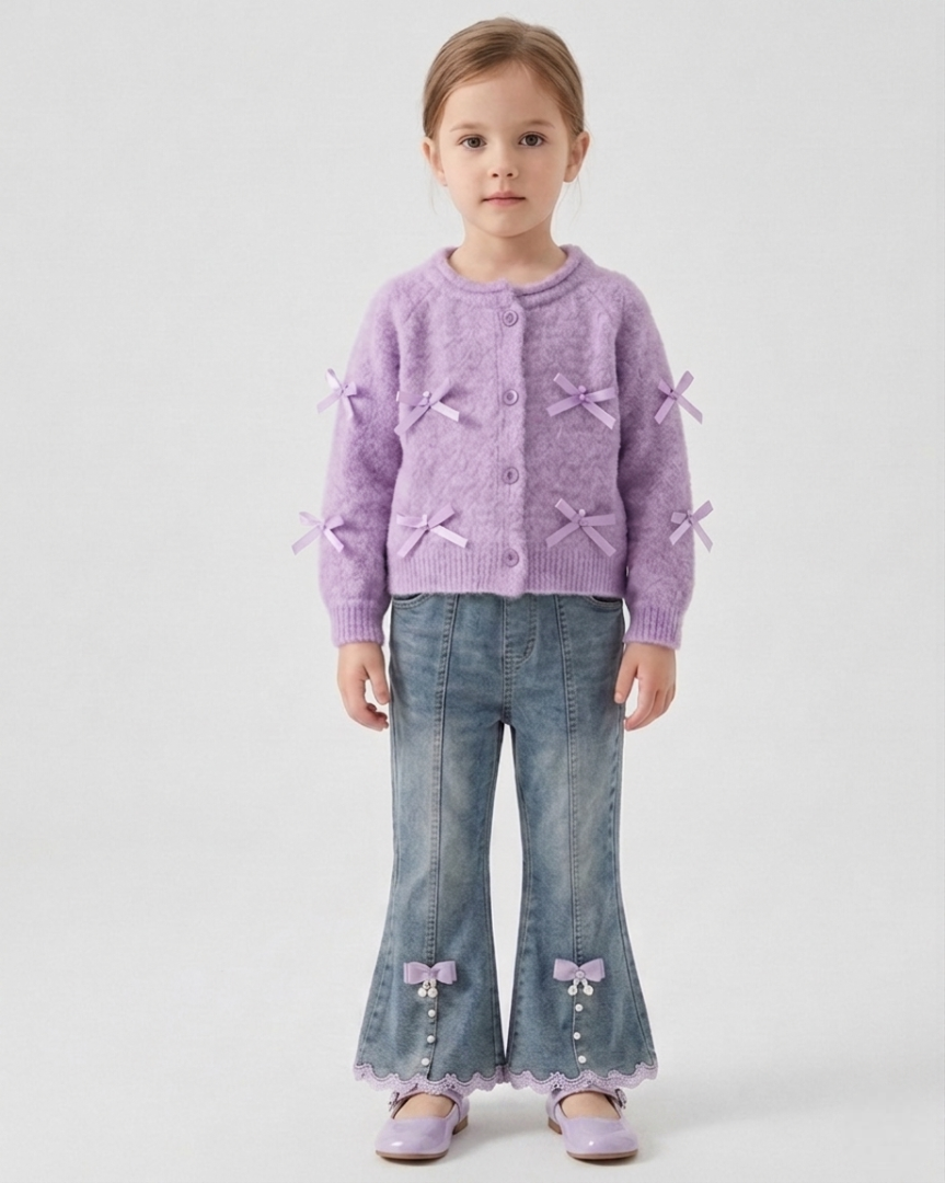 Conjunto niña invierno 2 piezas cárdigan lana suave y pantalón vaquero acampanado en España