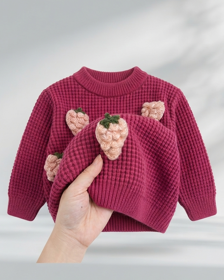 Suéter Infantil de Punto con Fresas 3D Suave, Cálido y Encantador