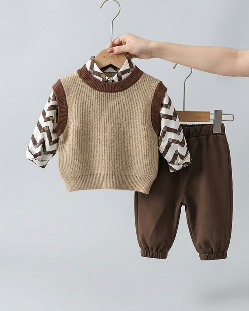 Conjunto bebé 3 piezas invierno chaleco lana camisa estampada y pantalón cómodo vista completa