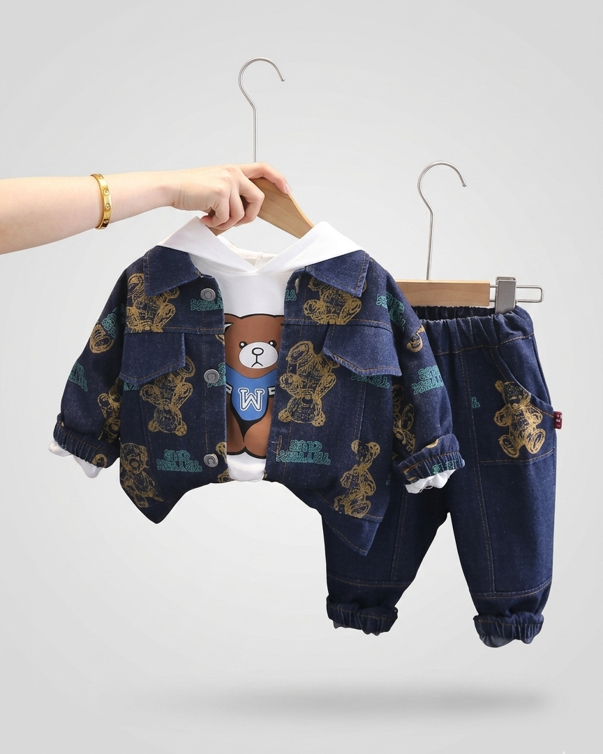 Conjunto niño 3 piezas sudadera y pantalón vaquero con estampado de oso estilo casual otoño, ropa infantil en España