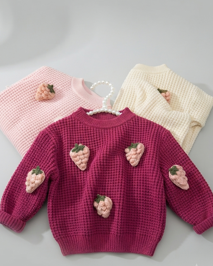 Suéter Infantil de Punto con Fresas 3D Suave, Cálido y Encantador
