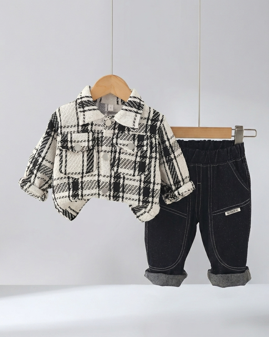 Conjunto bebé niño 3 piezas camisa tartán, camiseta y pantalón vaquero en España