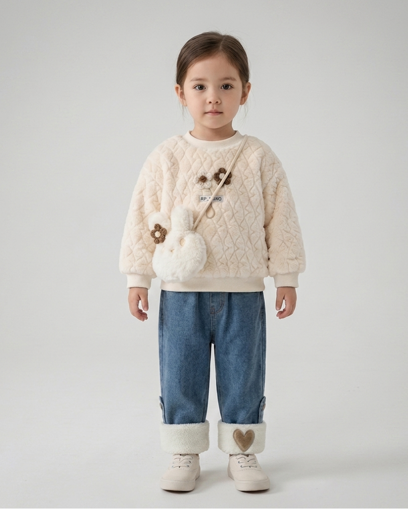Conjunto niña invierno 2 piezas sudadera felpa y pantalón vaquero acolchado,Ideal para clima otoñal y principios de invierno en España