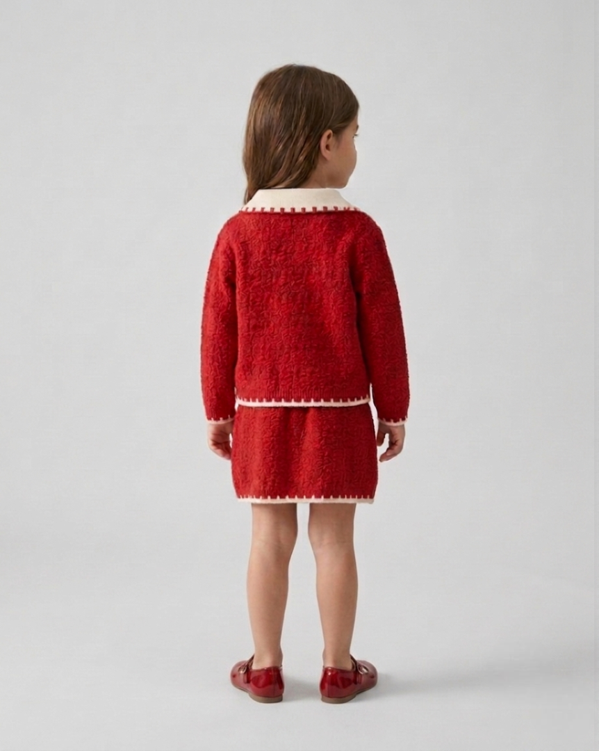 Conjunto niña invierno punto 2 piezas suéter y falda roja elegante ropa infantil,Ideal para clima otoñal en España