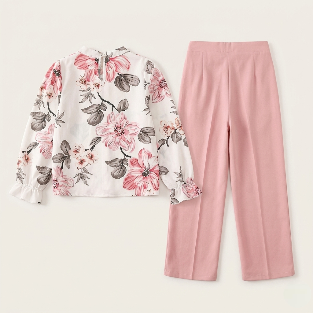 Conjunto de dos piezas: blusa con estampado de flores y pantalón ancho