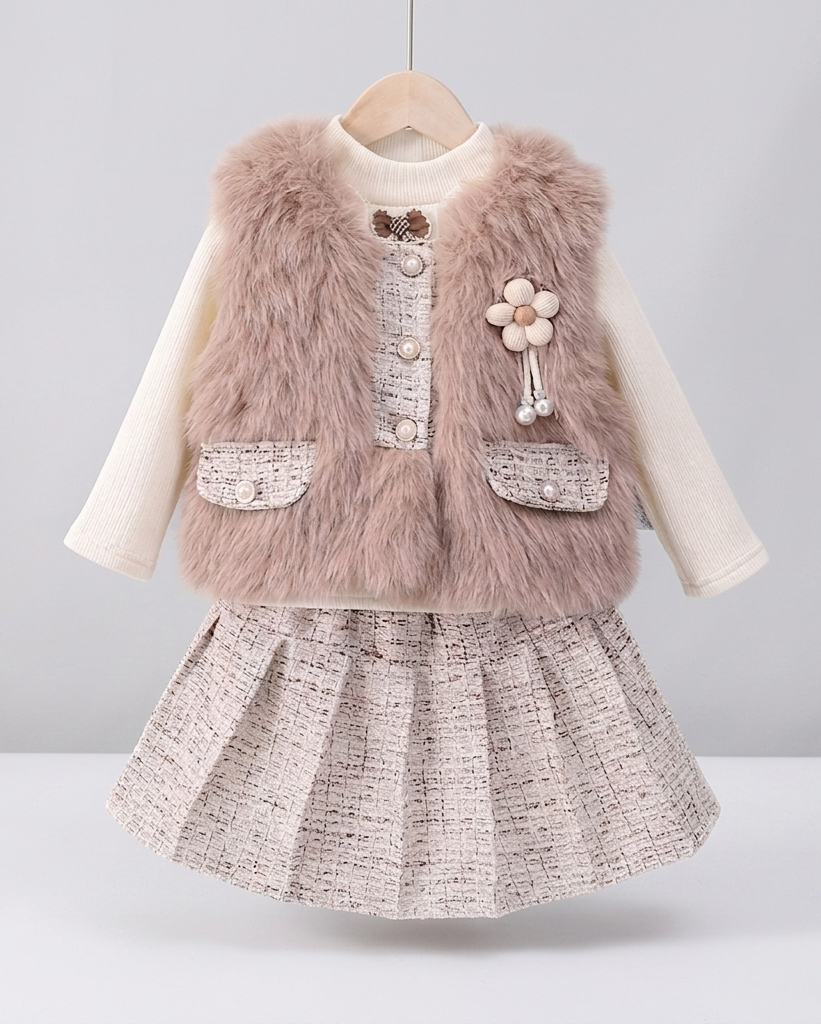 Conjunto niña 3 piezas invierno chaleco de piel, camiseta térmica y falda tweed ,Ideal para clima otoñal en España