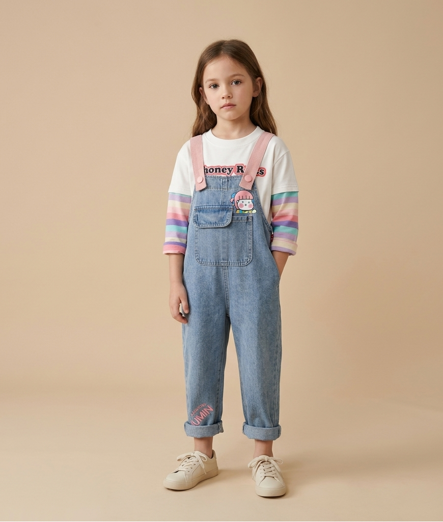 Conjunto de Camiseta Arcoíris y Peto con Alas Rosas