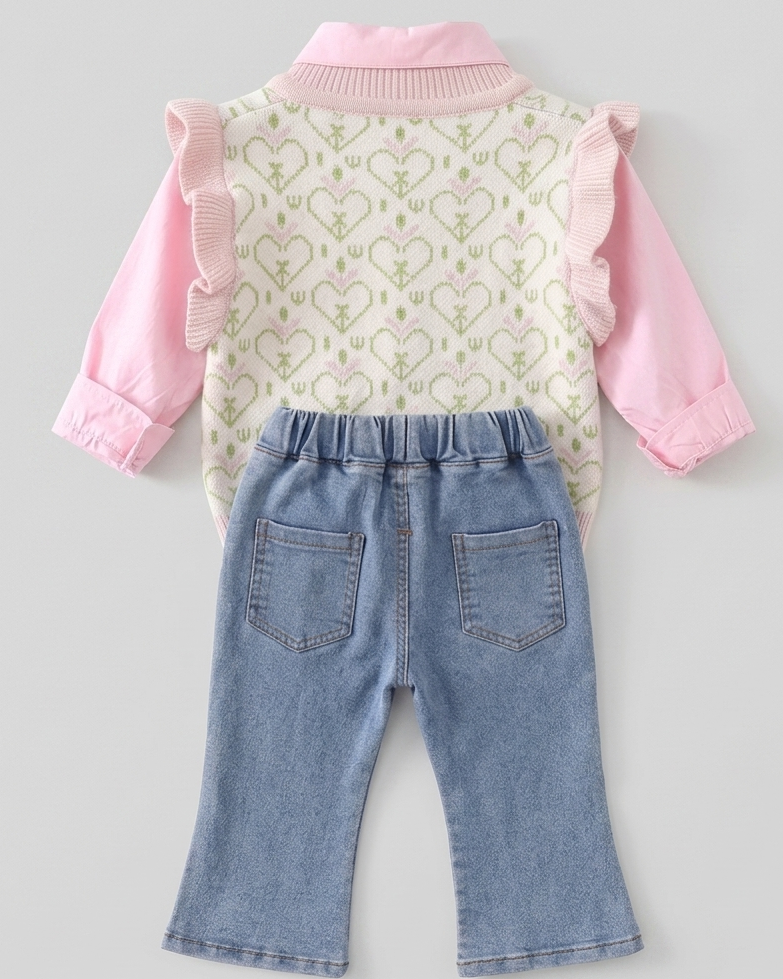 Conjunto niña 3 piezas ropa bebé niña – blusa rosa, chaqueta con conejo y pantalón vaquero con mariposas en España