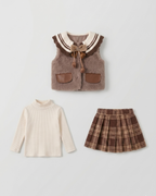 Conjunto niña 3 piezas elegante ropa bebé niña con chaleco de lana y falda de cuadros,Ideal para clima otoñal  en España