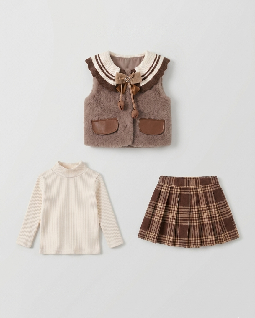 Conjunto niña 3 piezas elegante ropa bebé niña con chaleco de lana y falda de cuadros,Ideal para clima otoñal  en España