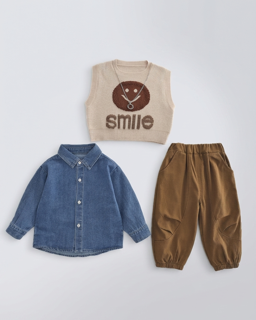 Conjunto niño 3 piezas ropa bebé invierno: camisa vaquera, suéter de lana y pantalón otoño invierno en España