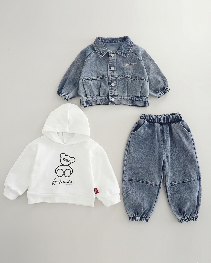 Conjunto bebé 3 piezas vaquero: chaqueta denim, camiseta de algodón y pantalón elástico para niño y  en España